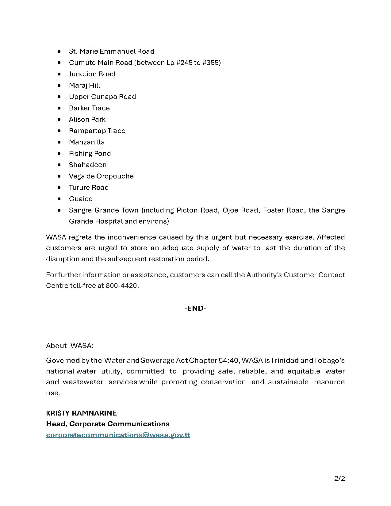 Service Disruption - North Oropouche WTP page 2